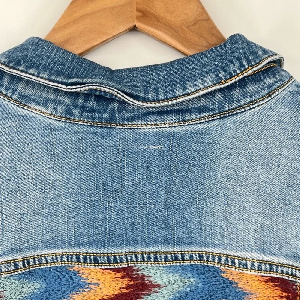 LuLaRoe Jaxon Denim Jacket XL Southwestern Aztec Knit Back Panel Boho Western